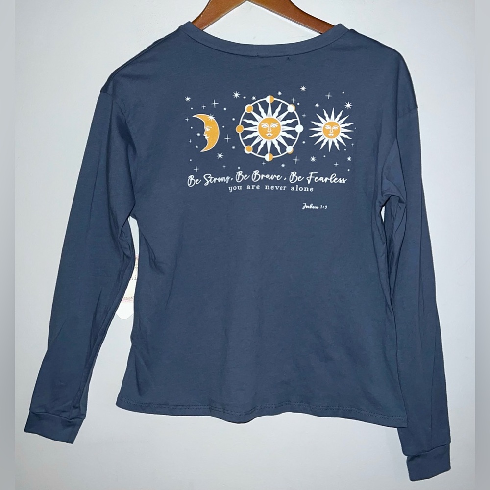 Moonchild NEW Womens Joshua 1:9 Celestial Sun Moon Shirt Tee Top Sz XS